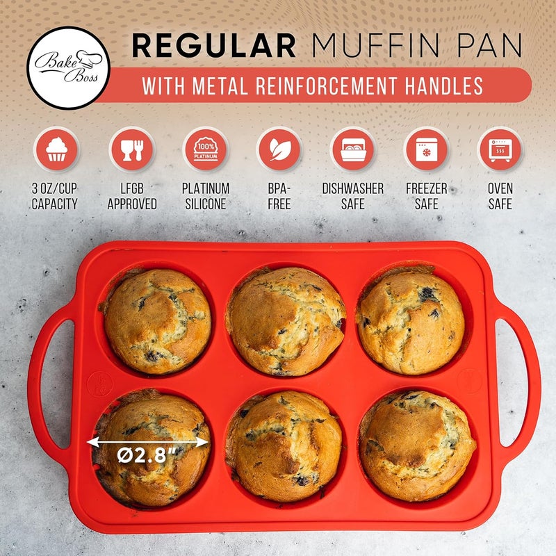 BAKE BOSS Regular Size 6 Cup Muffin Pan – Silicone Muffin Pans for Baking with Metal Handles – Nonstick Silicone Cupcake Pan, Easy-Release, BPA-Free Muffin Tray, Oven & Dishwasher Safe – Red - Image 4